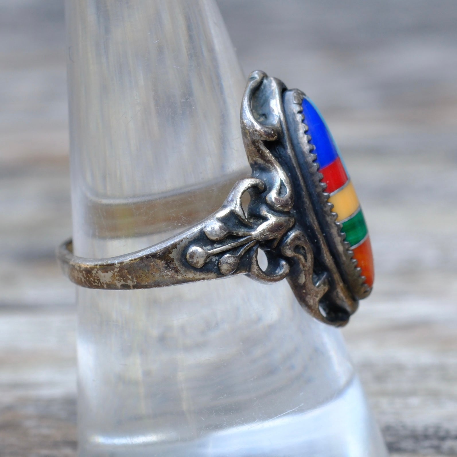 Vintage Sterling Multistone Inlay Ring 8.5