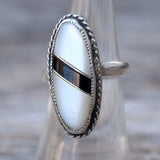 Vintage Sterling Onyx and Mother Of Pearl Inlay Ring 6