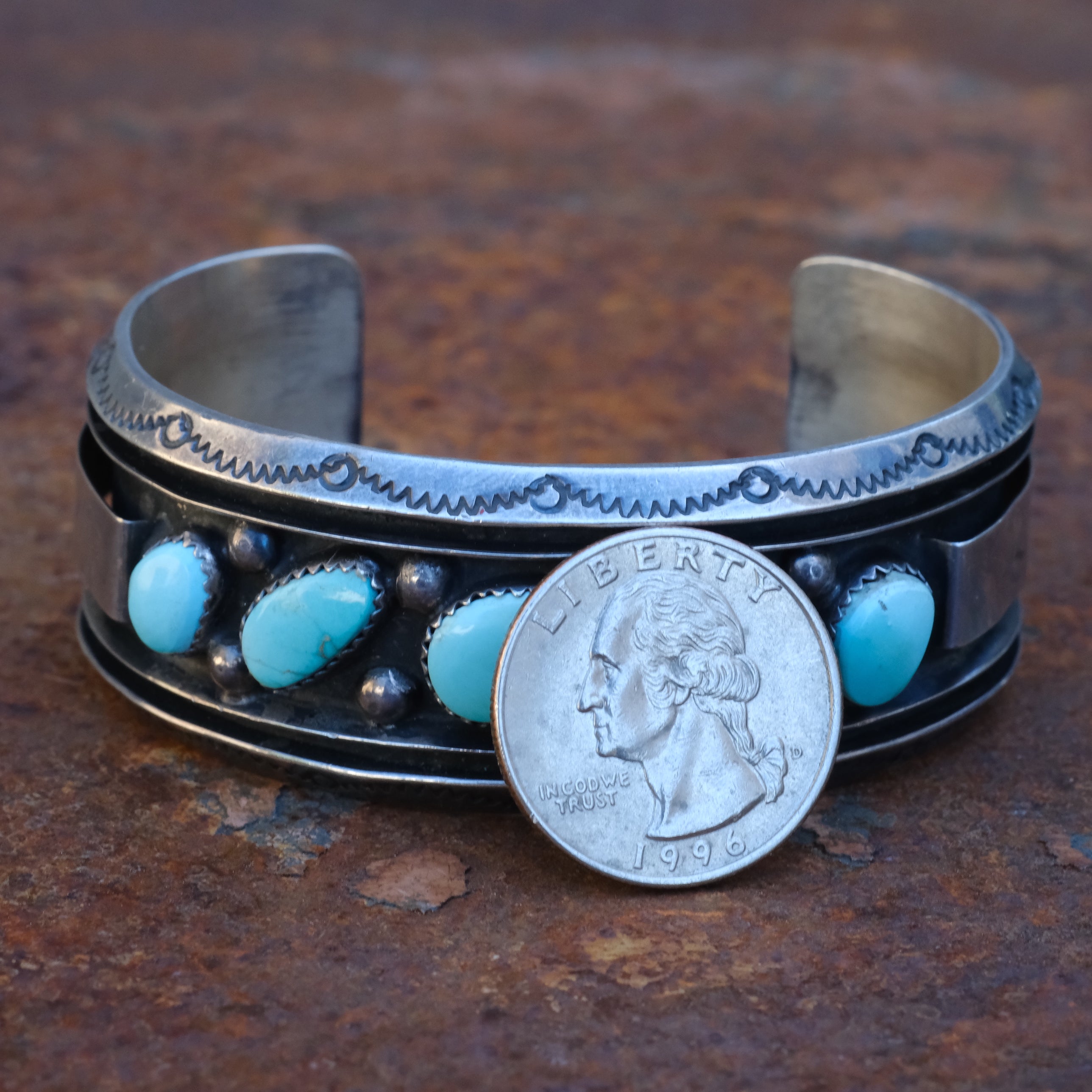 Vintage Sterling 5-Stone Turquoise Stamped Cuff Bracelet