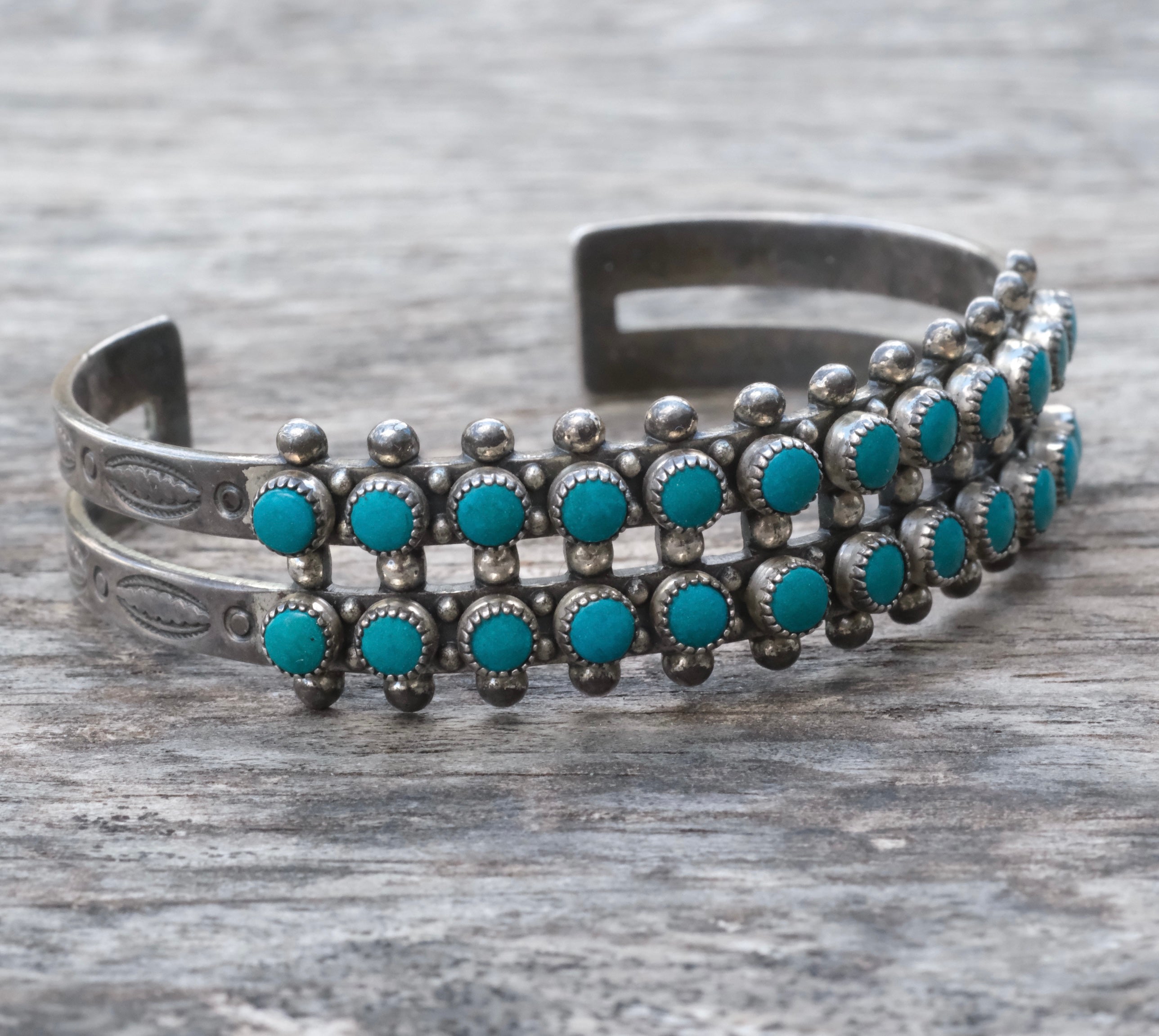 Vintage Sterling Double Row Snake Eye Turquoise Cuff Bracelet