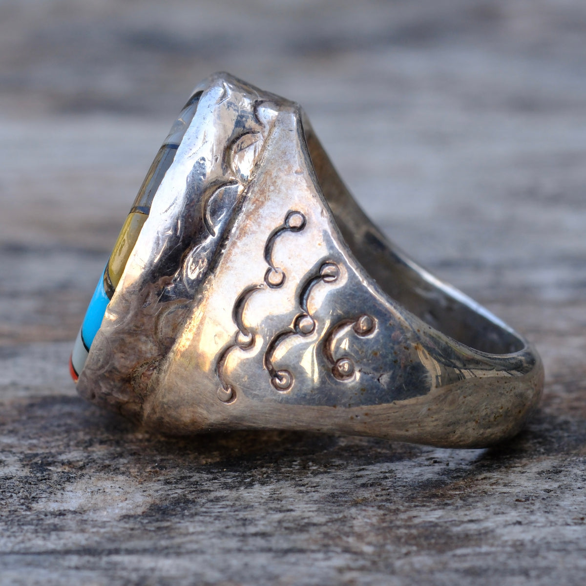 Vintage Sterling Multi Stone Inlay Stamped Band Ring 8.75