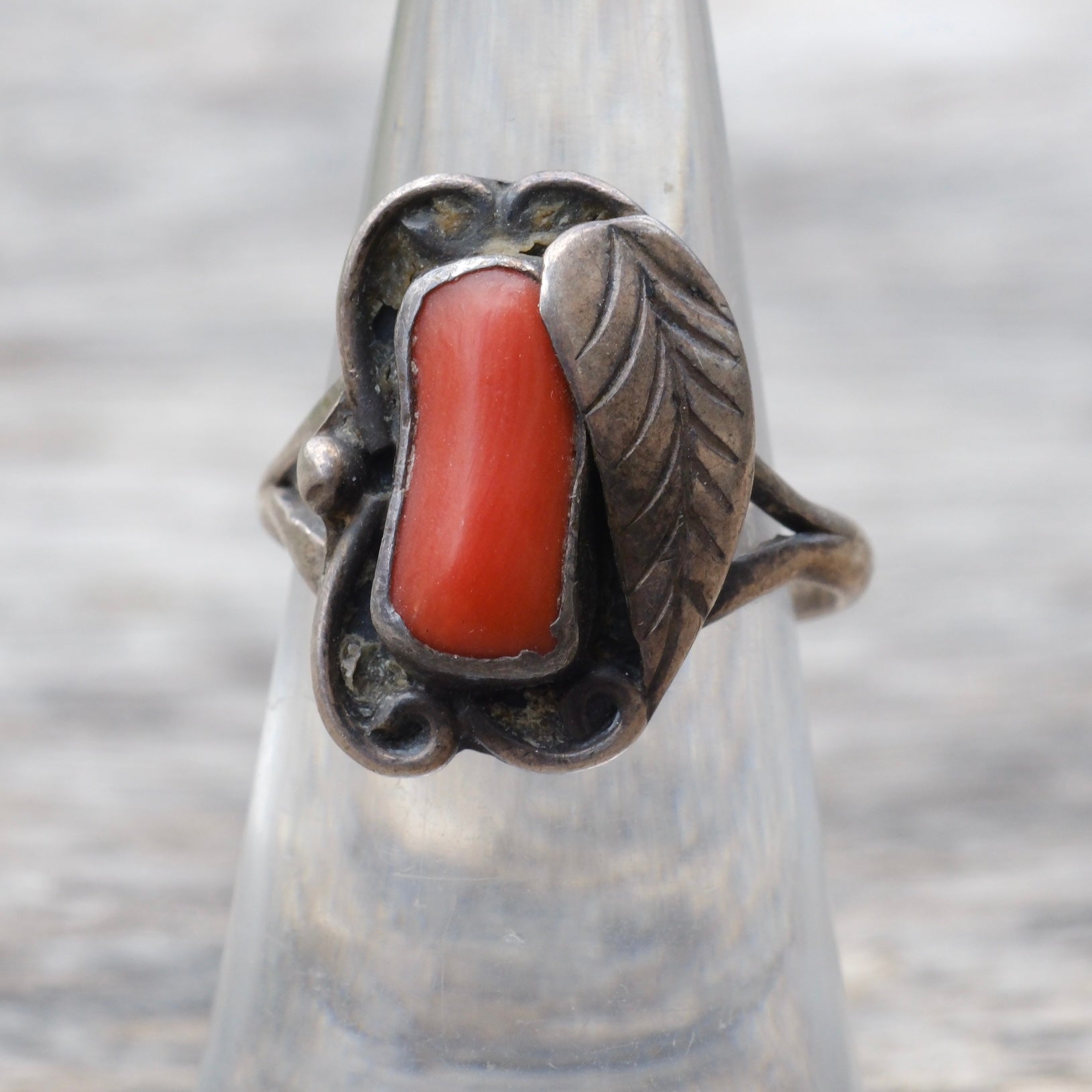 Vintage Sterling Coral Feather Ring 6.5