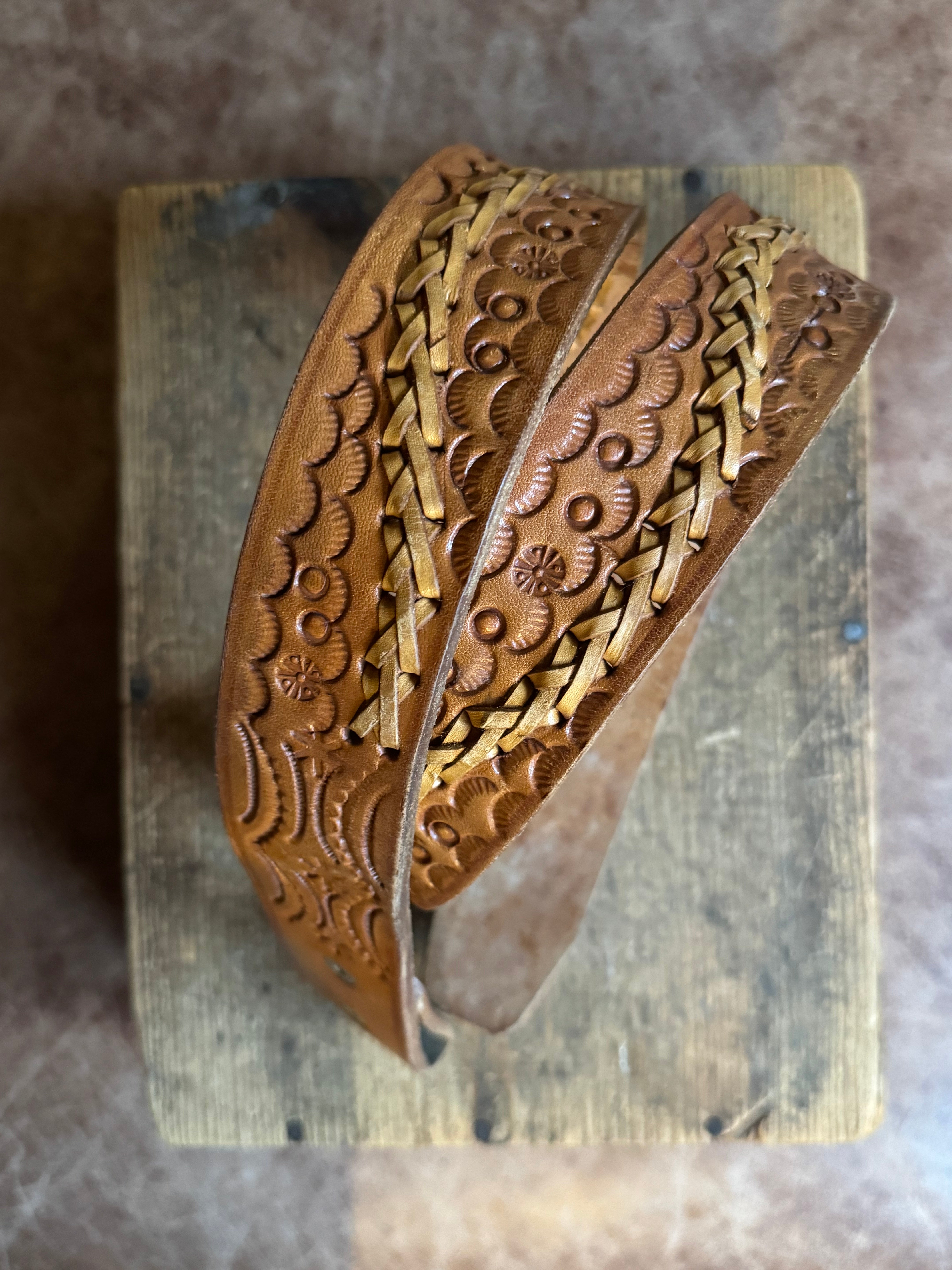 Vintage Brown Stamped Laced Leather Belt