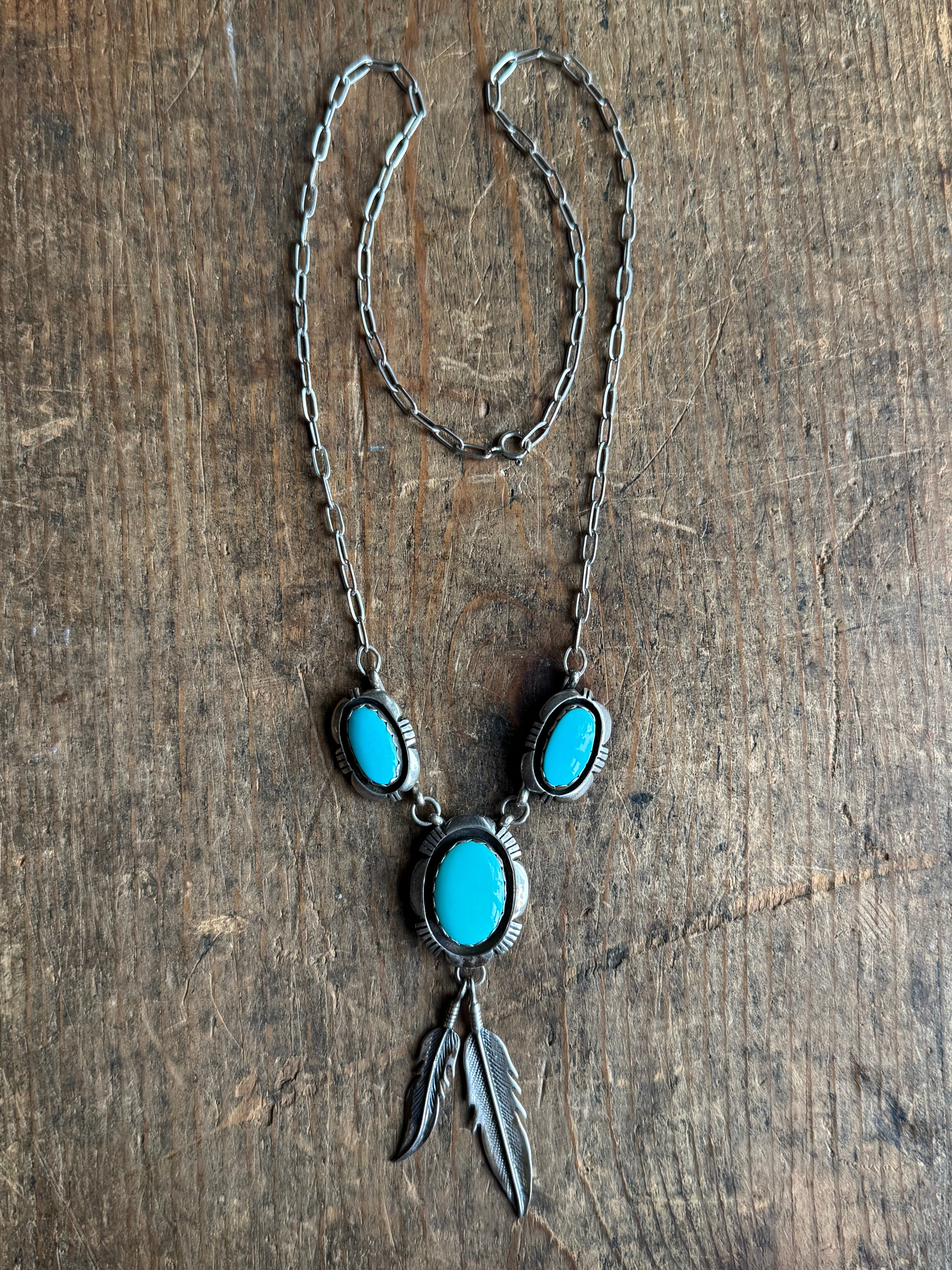 Vintage Sterling Silver Navajo Turquoise Sawcut Feather Necklace