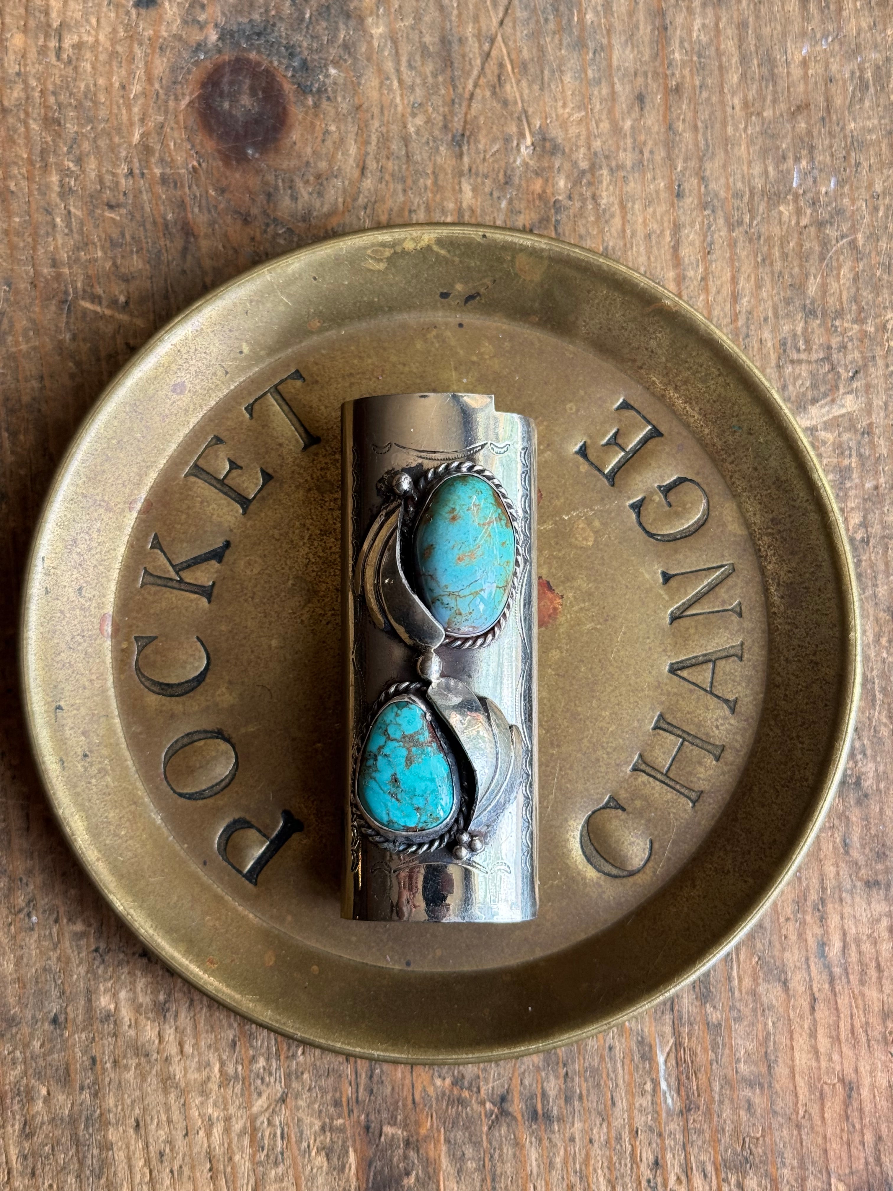 Vintage Stamped Nickel & Sterling Silver Turquoise Lighter Case