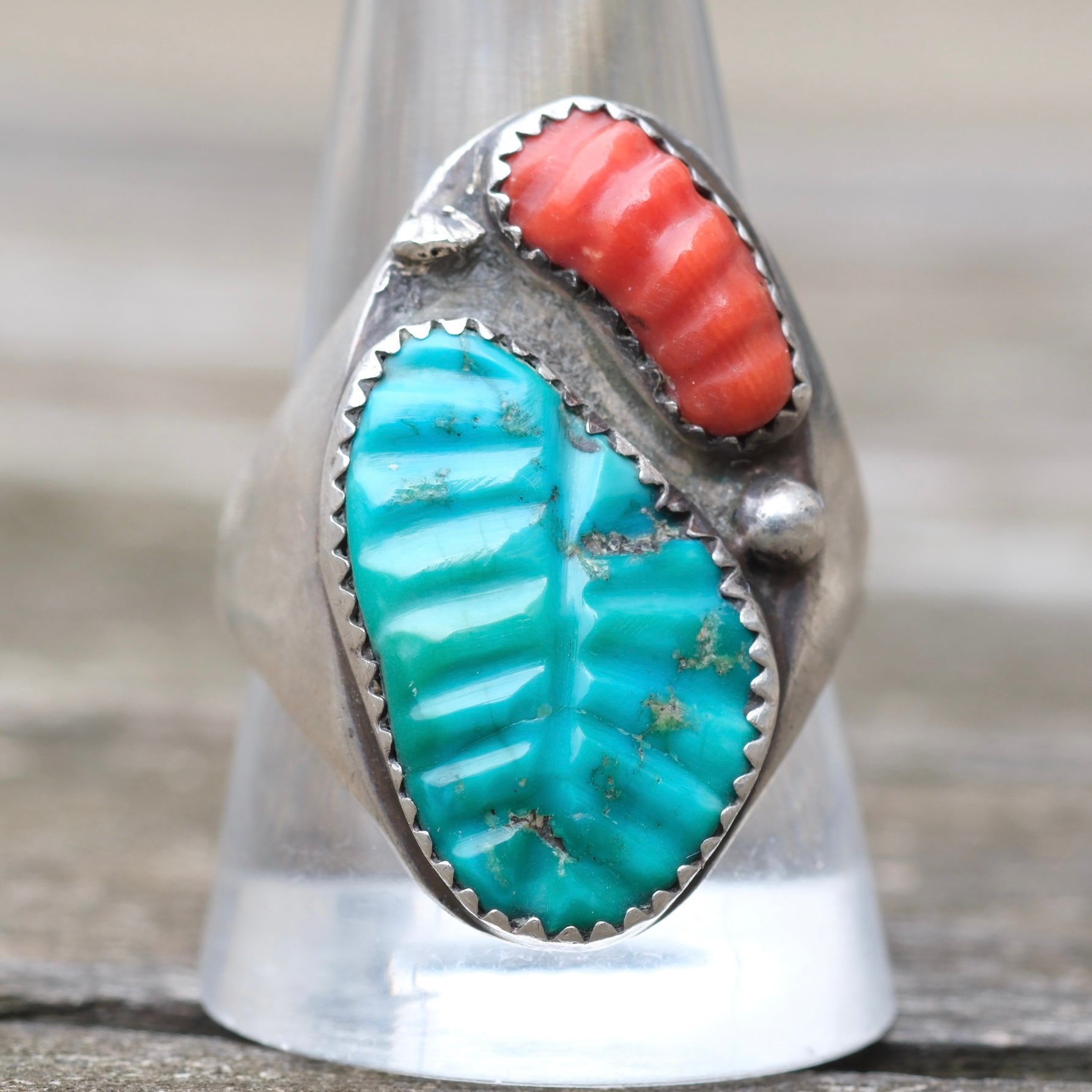 Vintage Sterling Faceted Turquoise and Coral Ring 11