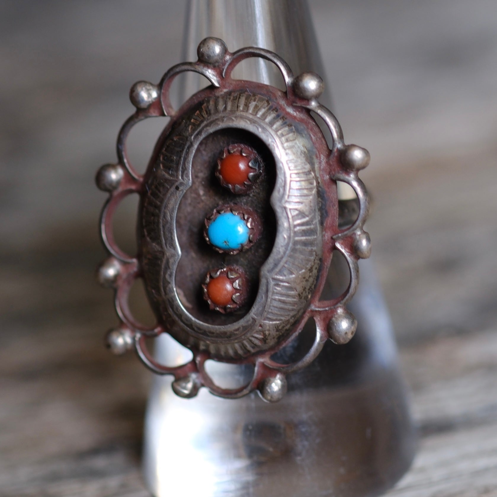 Vintage Sterling Turquoise and Coral Shadowbox Ring 7.25