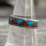 Vintage Sterling Crushed Turquoise and Coral Inlay Band 8.25