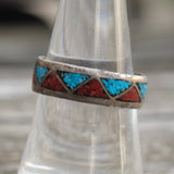 Vintage Sterling Crushed Turquoise and Coral Inlay Band 8.25