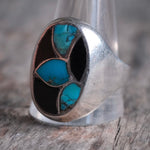 Vintage Sterling Turquoise and Onyx Inlay Ring 13.75