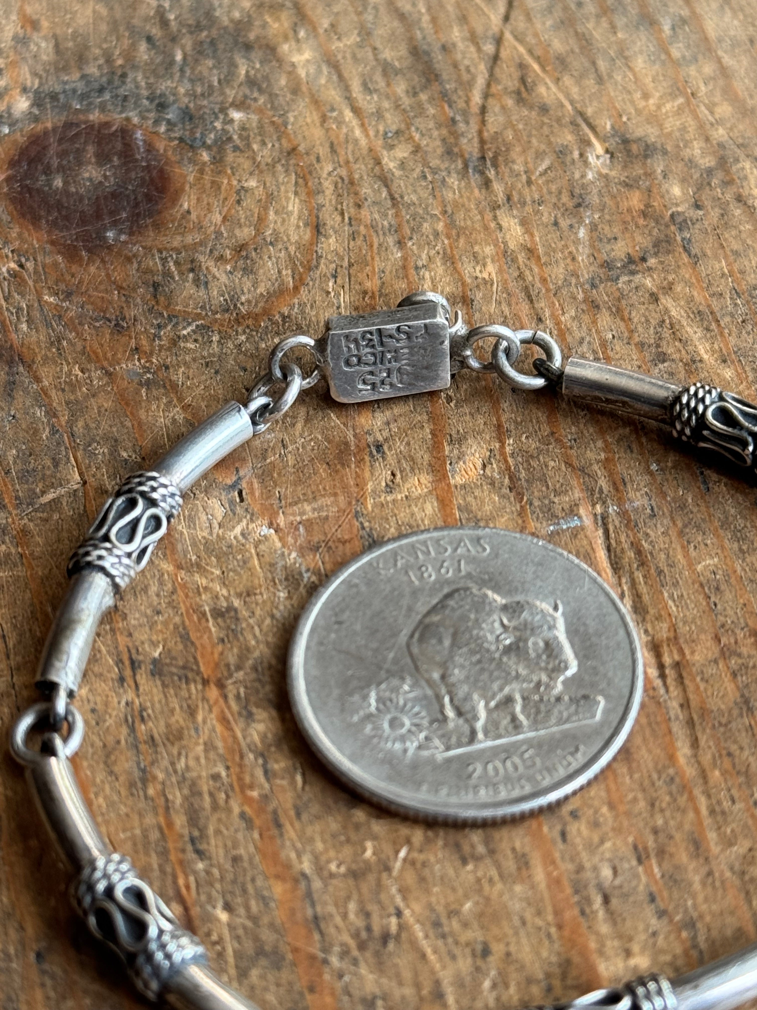 Vintage Sterling Silver 7.25” Tribal Tube Link Bracelet