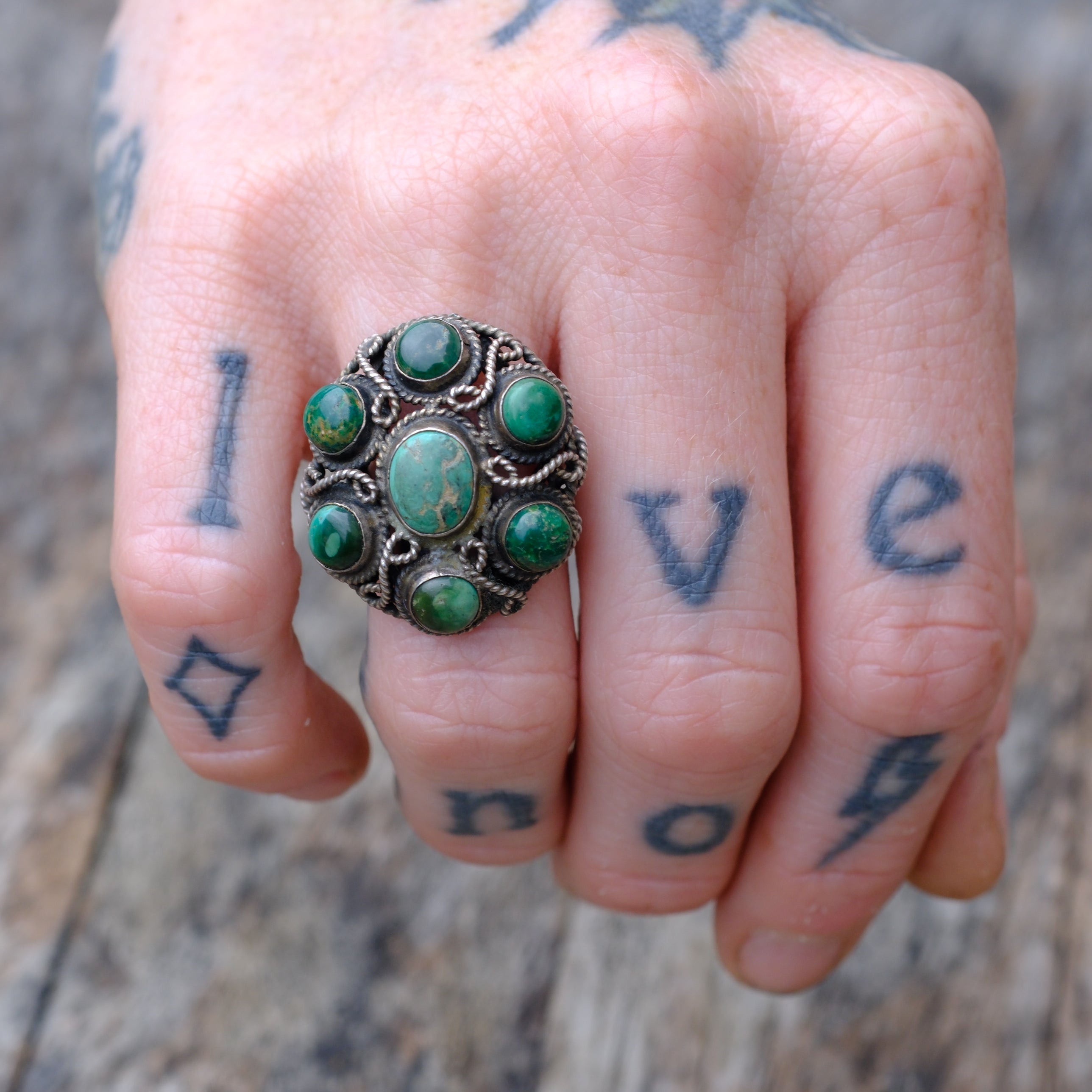 Vintage Sterling Turquoise Cluster Ring 4.25