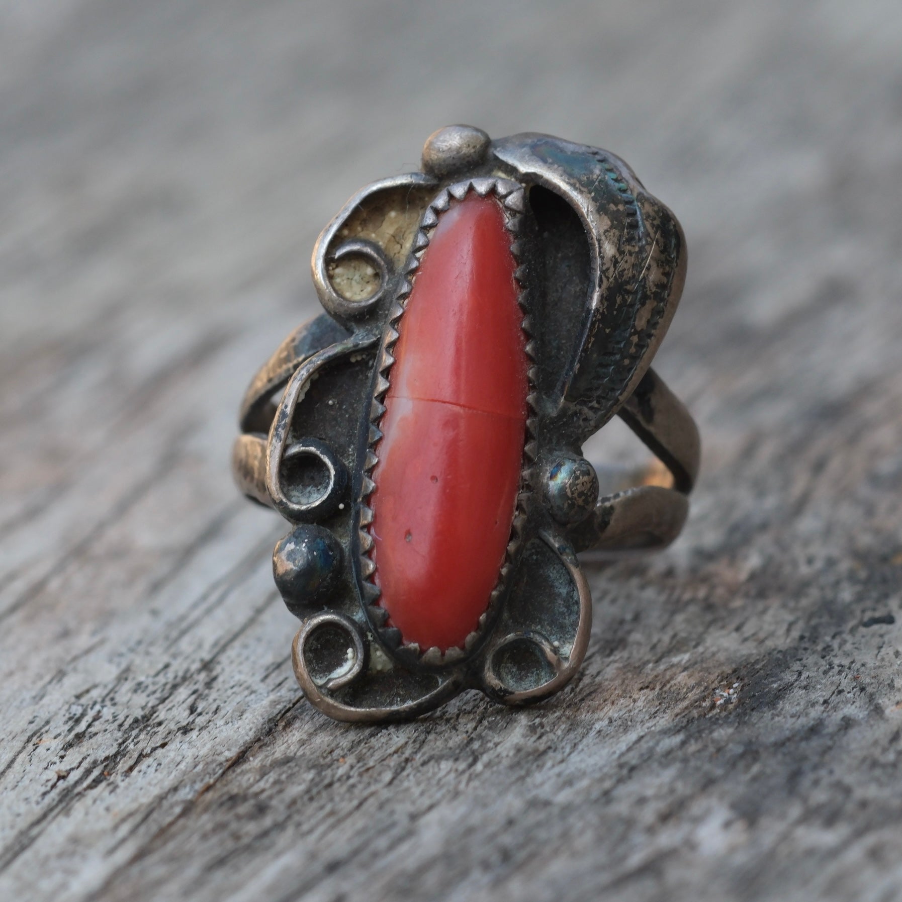 Vintage Sterling Coral Feather Ring 6