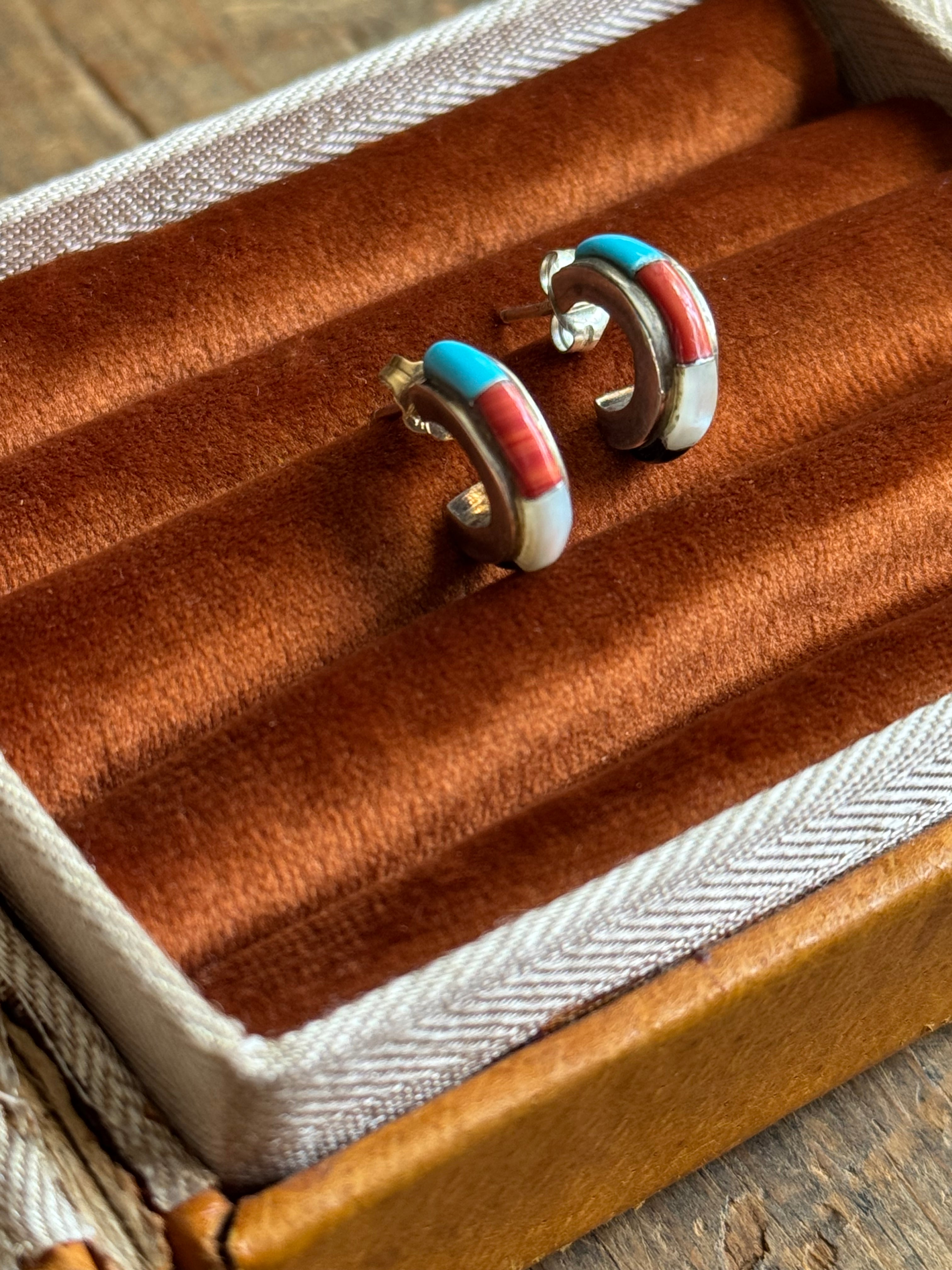 Vintage Sterling Silver Multistone Inlay Hoops