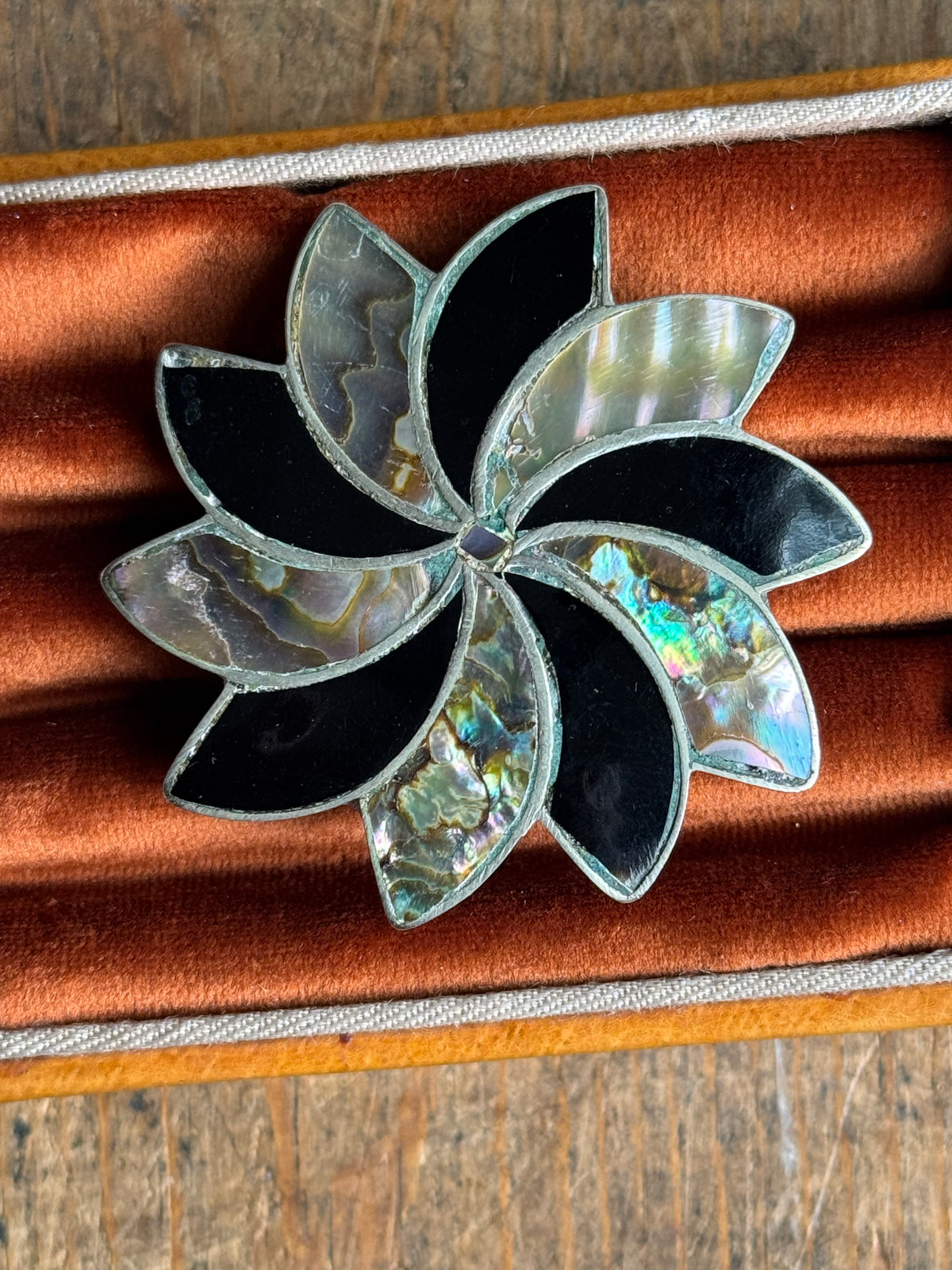 Vintage Sterling Silver Onyx & Abalone Inlay Florette Pendant Pin