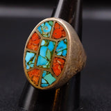Vintage Sterling Crushed Turquoise and Coral Inlay Ring 9.25