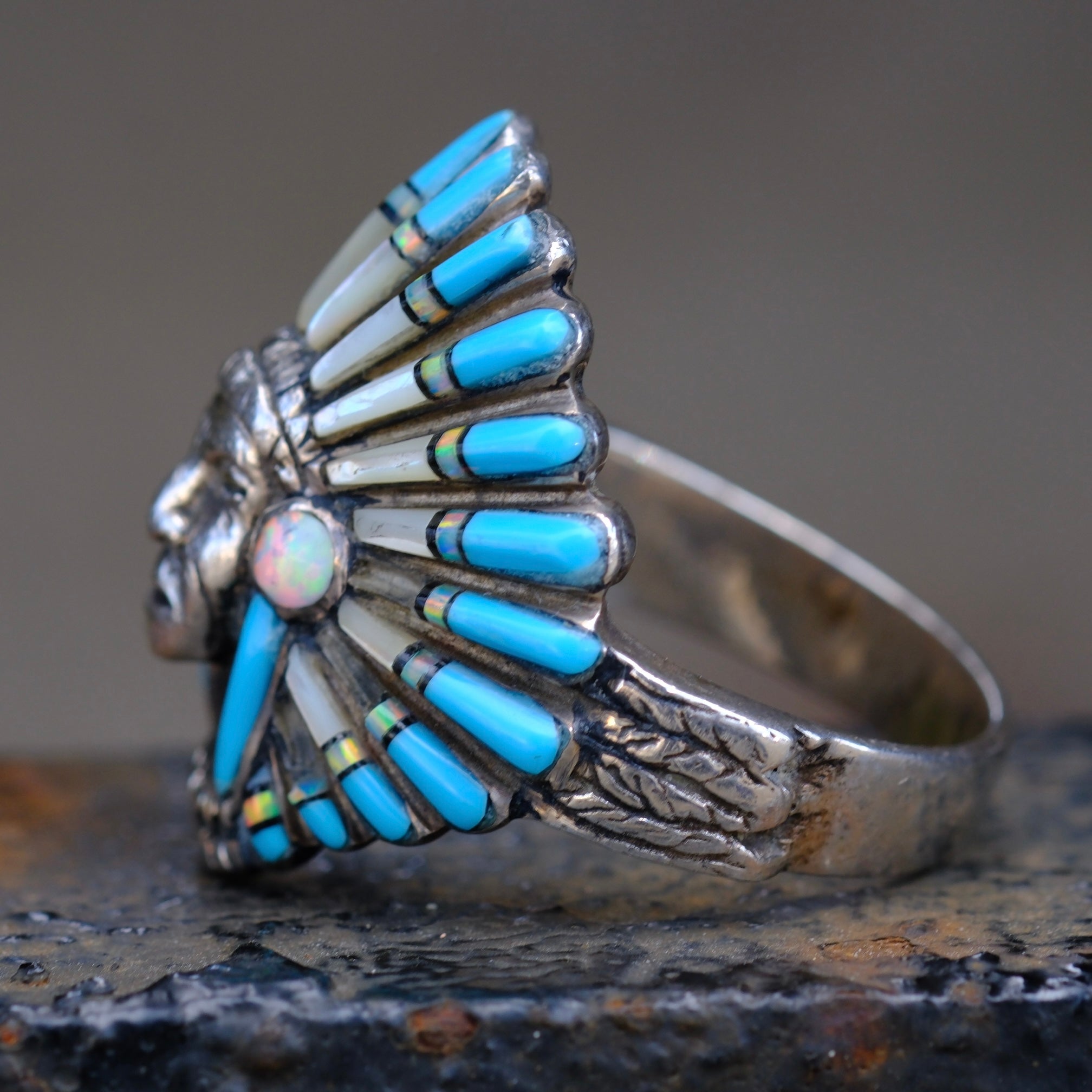 Vintage Sterling Multstone Inlay Big Chief Ring 13
