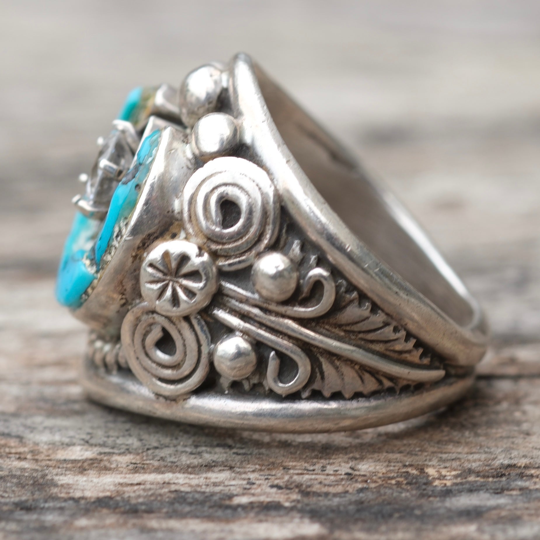 Vintage Sterling Lucky Horseshoe Turquoise Cz Ring 8.75