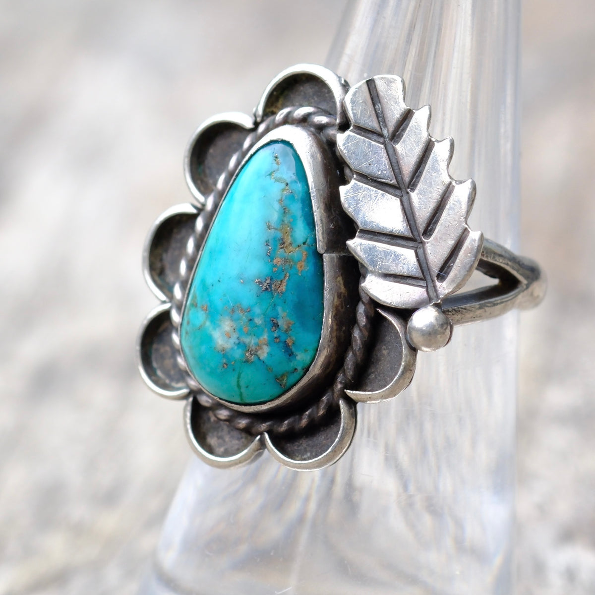 Vintage Sterling Turquoise Feather Ring 6.5