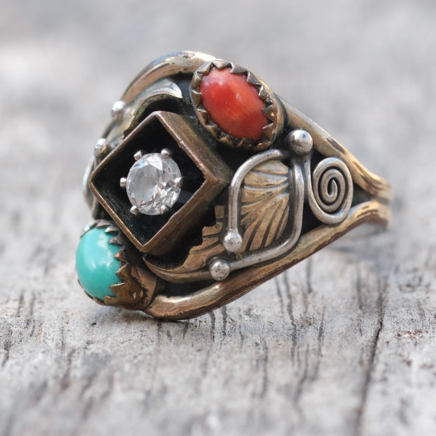 Vintage Sterling Turquoise and Coral CZ Ring 7