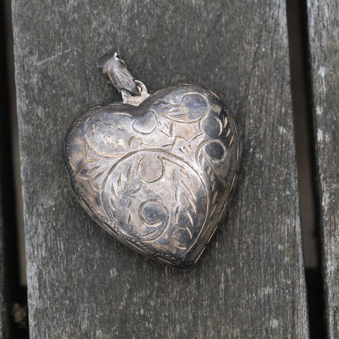 Vintage Sterling Engraved Heart Locket Pendant