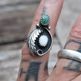 Vintage Sterling Malachite and Mother Of Pearl Feather Ring 4.75