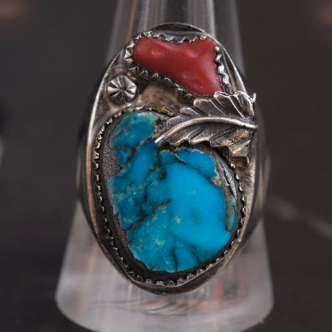 Vintage Sterling Turquoise and Coral Feather Ring 11.75