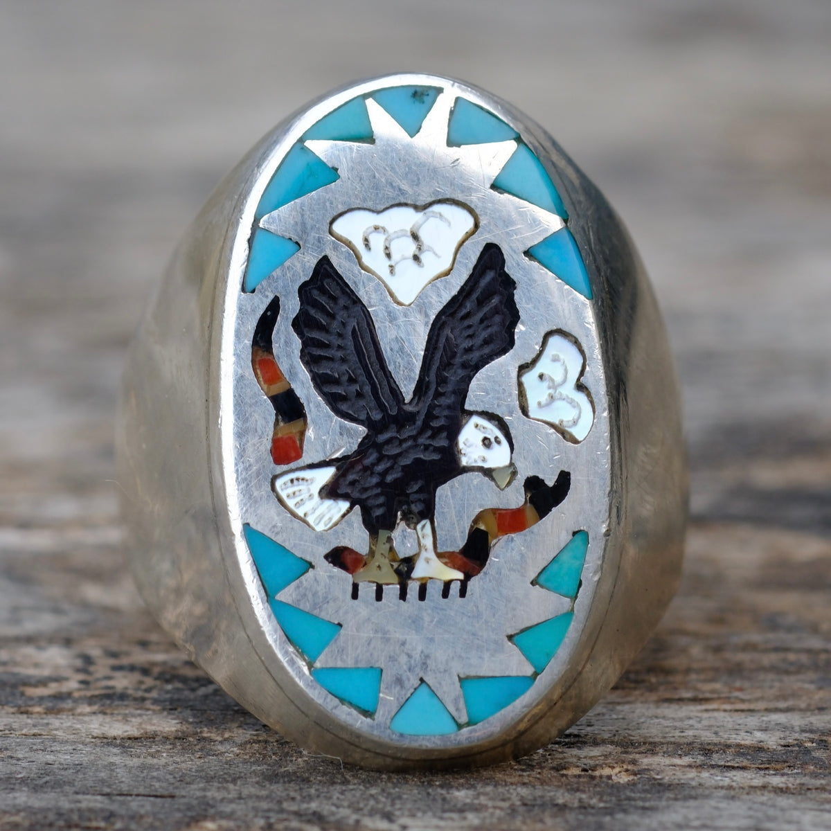 Vintage Sterling Multistone Inlay Eagle Ring 9.75
