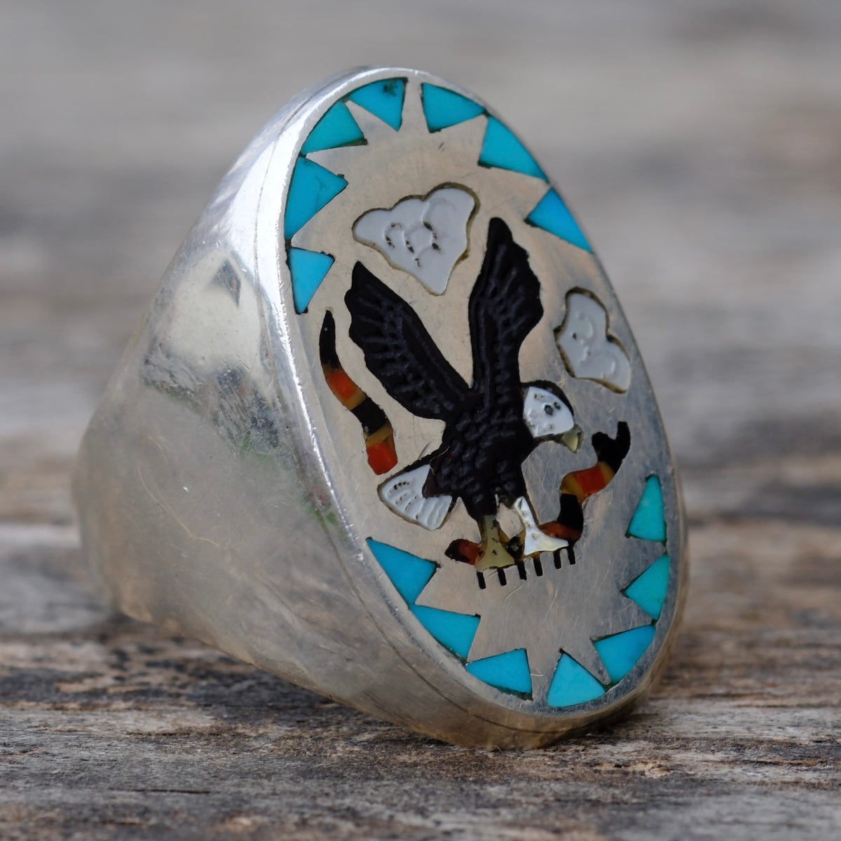 Vintage Sterling Multistone Inlay Eagle Ring 9.75