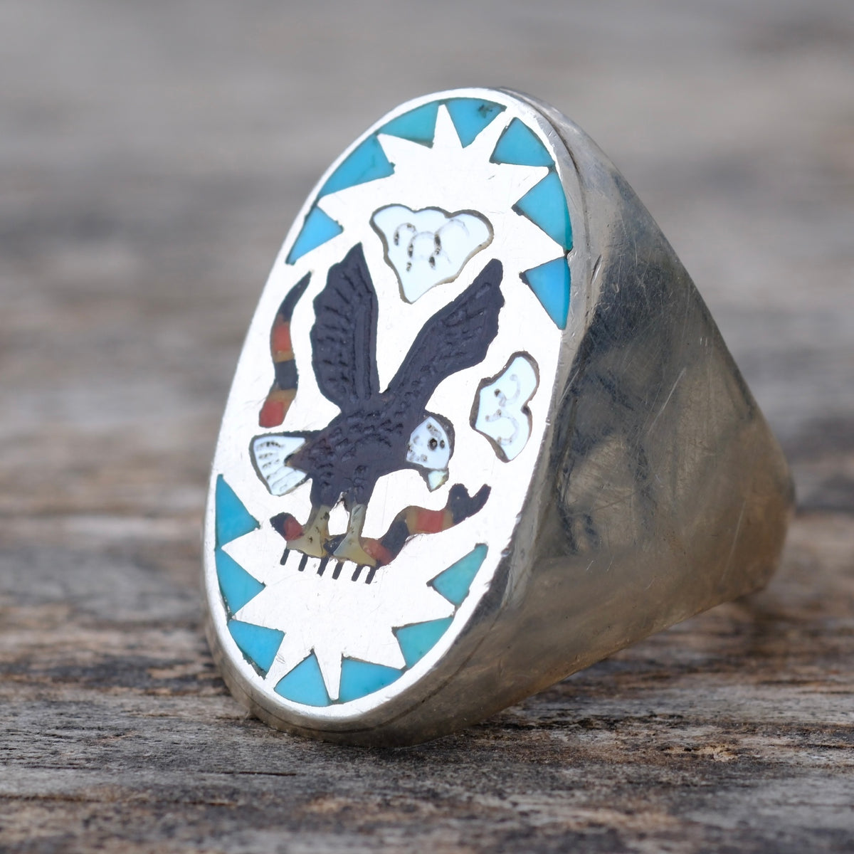 Vintage Sterling Multistone Inlay Eagle Ring 9.75