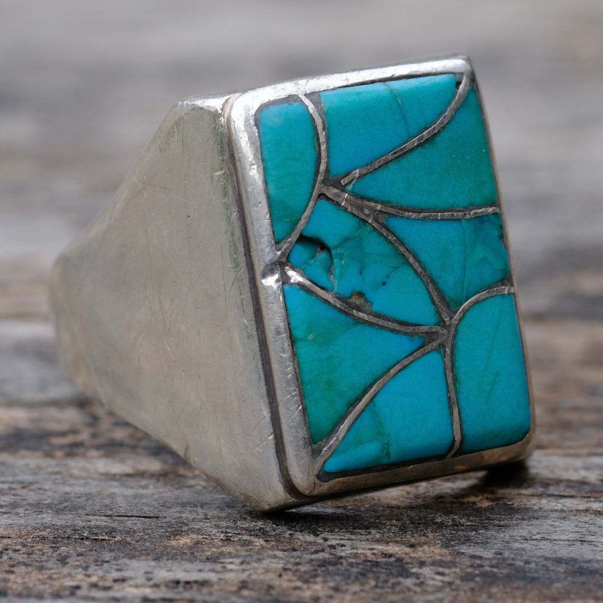 Vintage Sterling Turquoise Fish Scale Inlay Ring 12