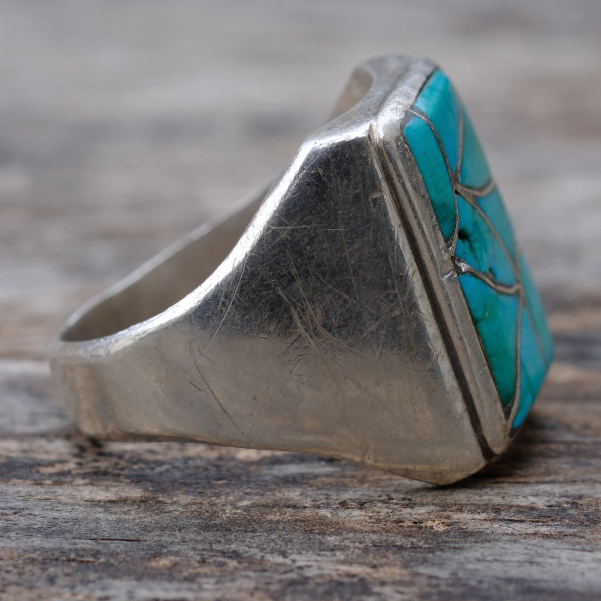 Vintage Sterling Turquoise Fish Scale Inlay Ring 12