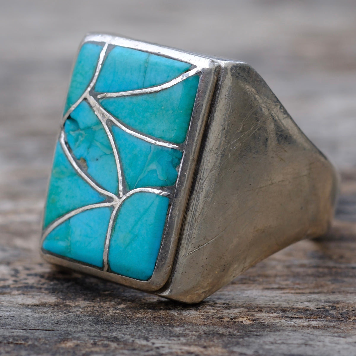 Vintage Sterling Turquoise Fish Scale Inlay Ring 12