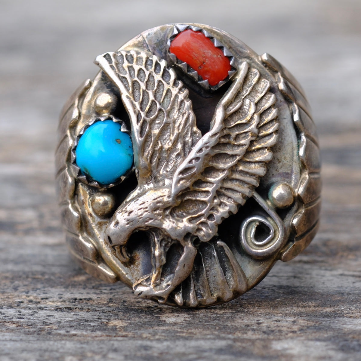 Vintage Sterling Turquoise and Coral Eagle Ring 10.75
