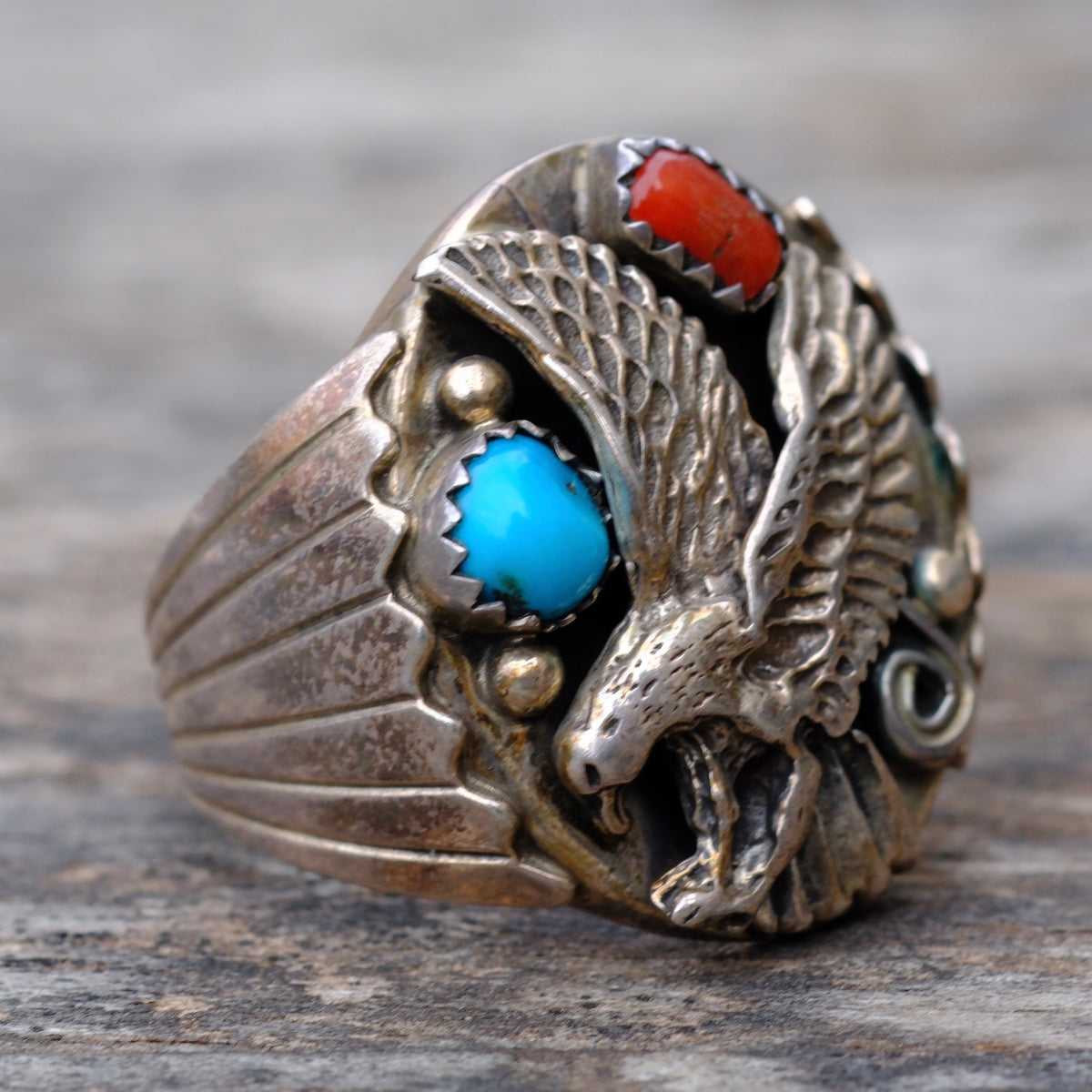 Vintage Sterling Turquoise and Coral Eagle Ring 10.75