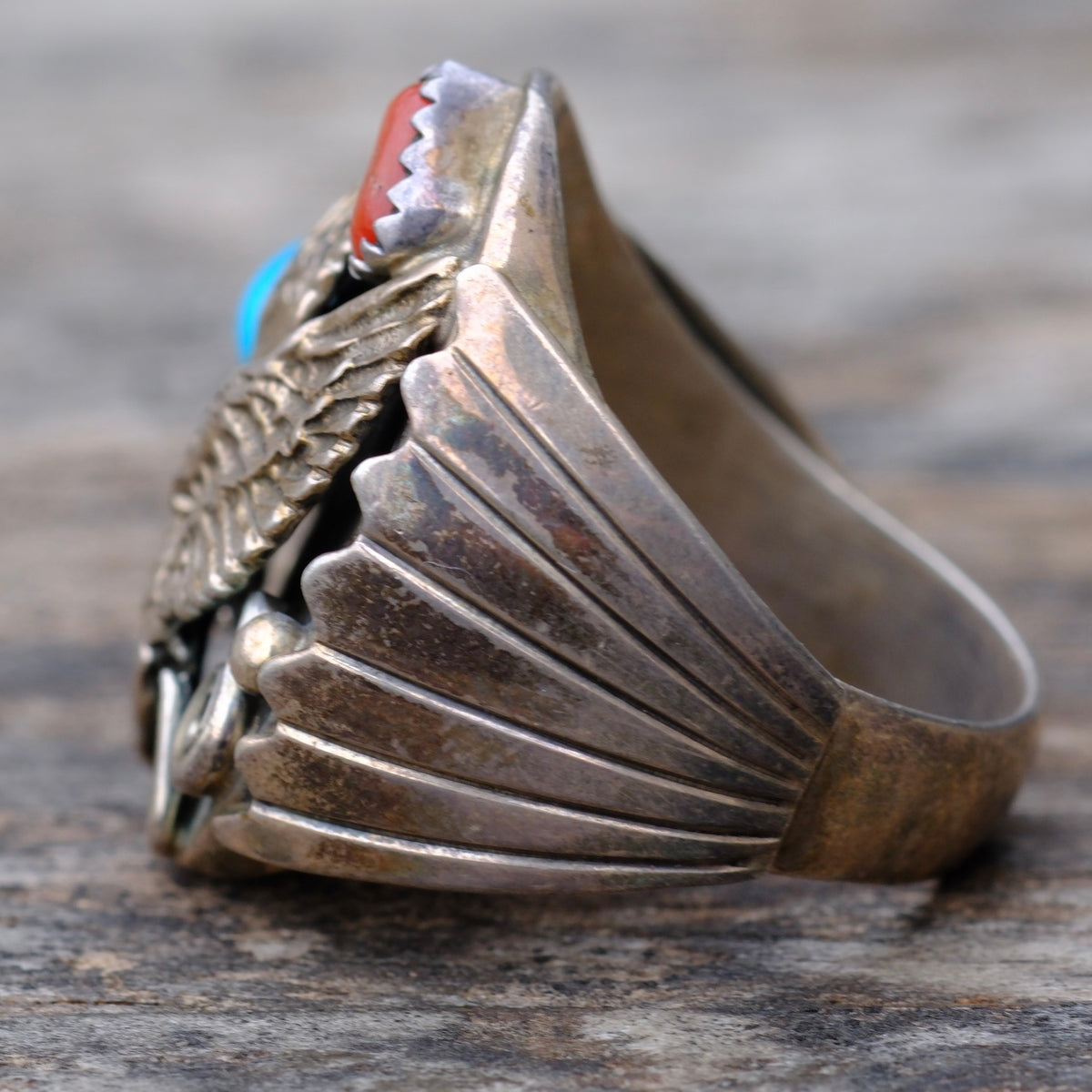 Vintage Sterling Turquoise and Coral Eagle Ring 10.75