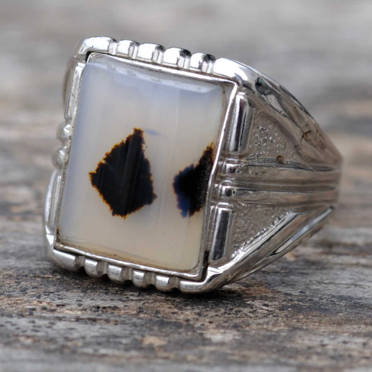 Vintage Sterling Agate Signet Ring 10.5