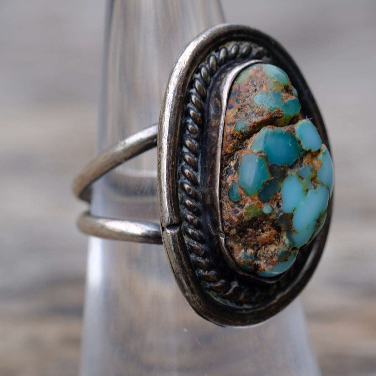 Vintage Sterling Rough Turquoise Roper Ring 7