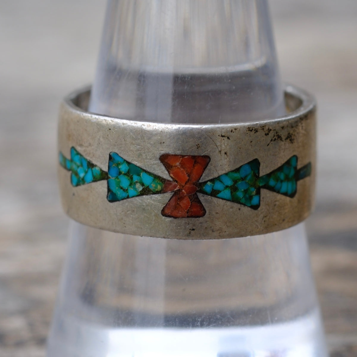 Vintage Sterling Turquoise and Coral Inlay Band 9.5