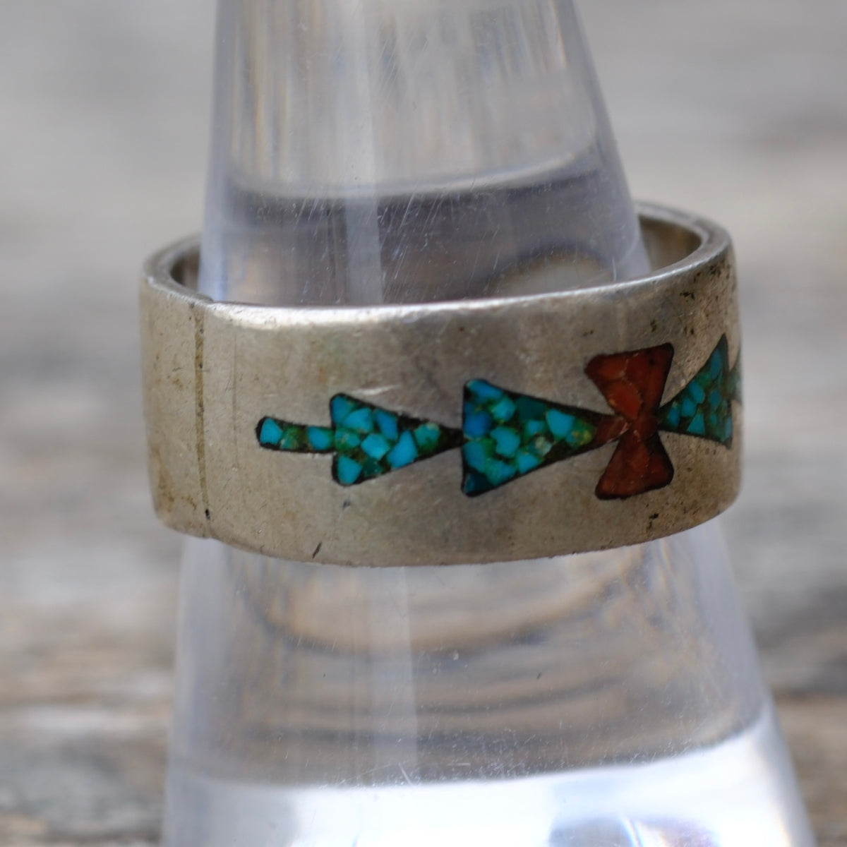 Vintage Sterling Turquoise and Coral Inlay Band 9.5