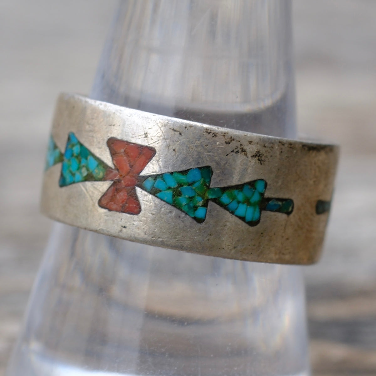 Vintage Sterling Turquoise and Coral Inlay Band 9.5
