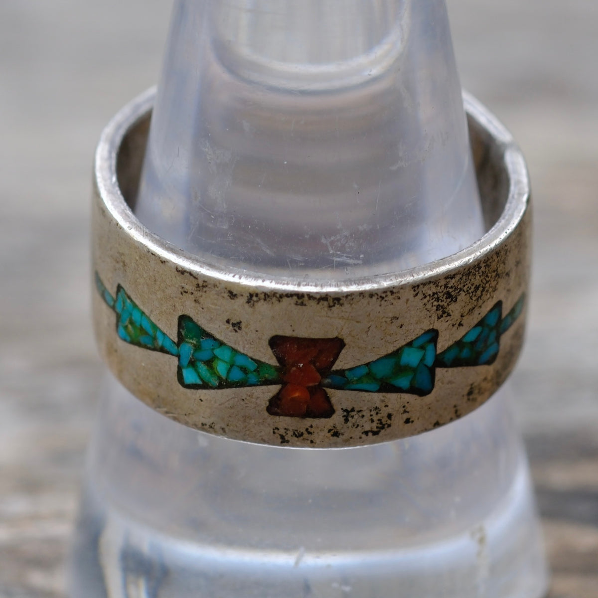 Vintage Sterling Turquoise and Coral Inlay Band 9.5
