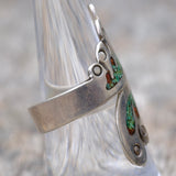 Vintage Sterling Turquoise and Coral Inlay Overpass Ring 7.5