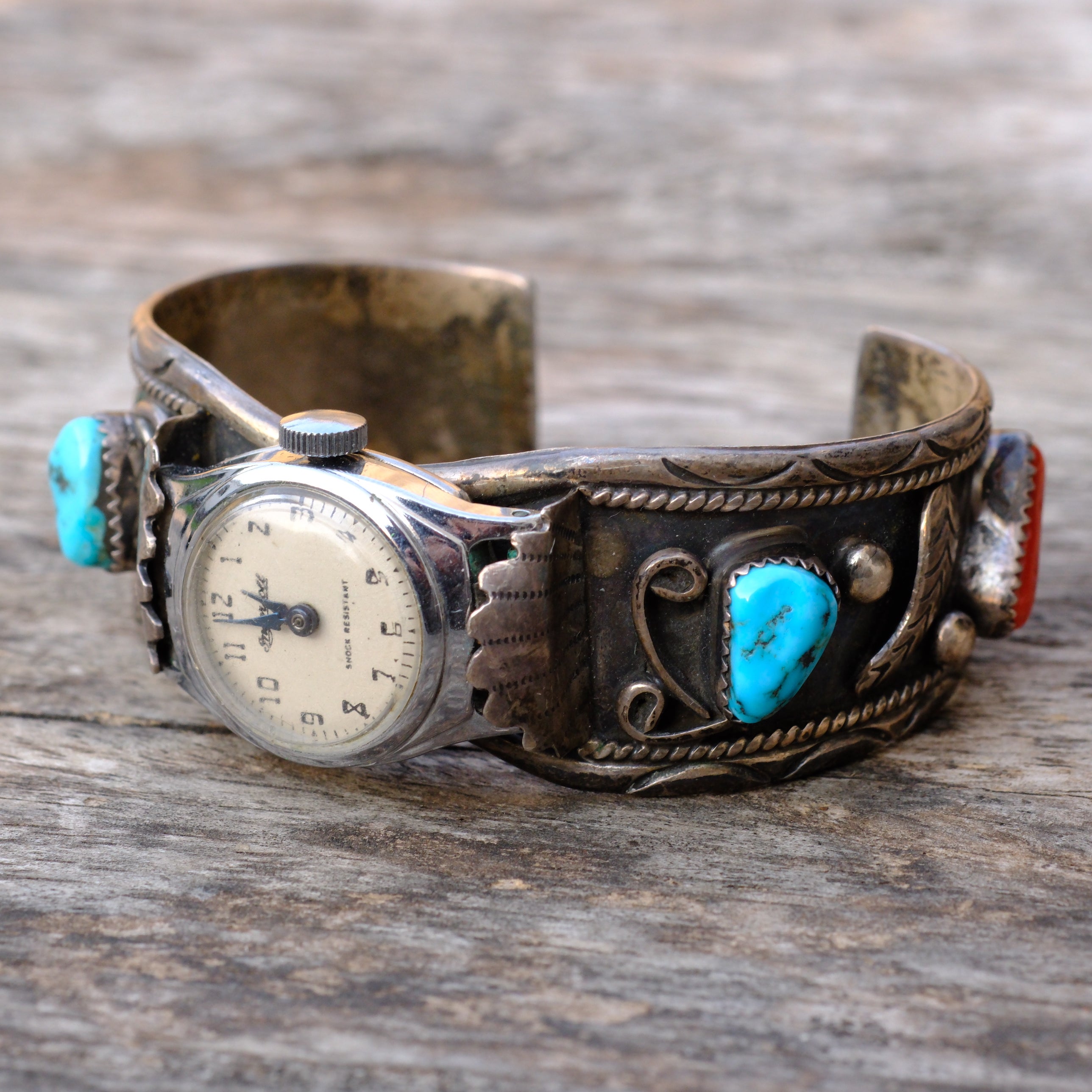 Vintage Sterling Turquoise and Coral Cuff Watch Cuff Bracelet