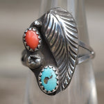 Vintage Sterling Turquoise and Coral Feather Ring 6.25