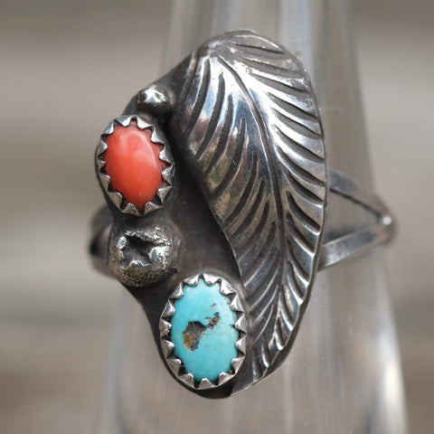 Vintage Sterling Turquoise and Coral Feather Ring 6.25