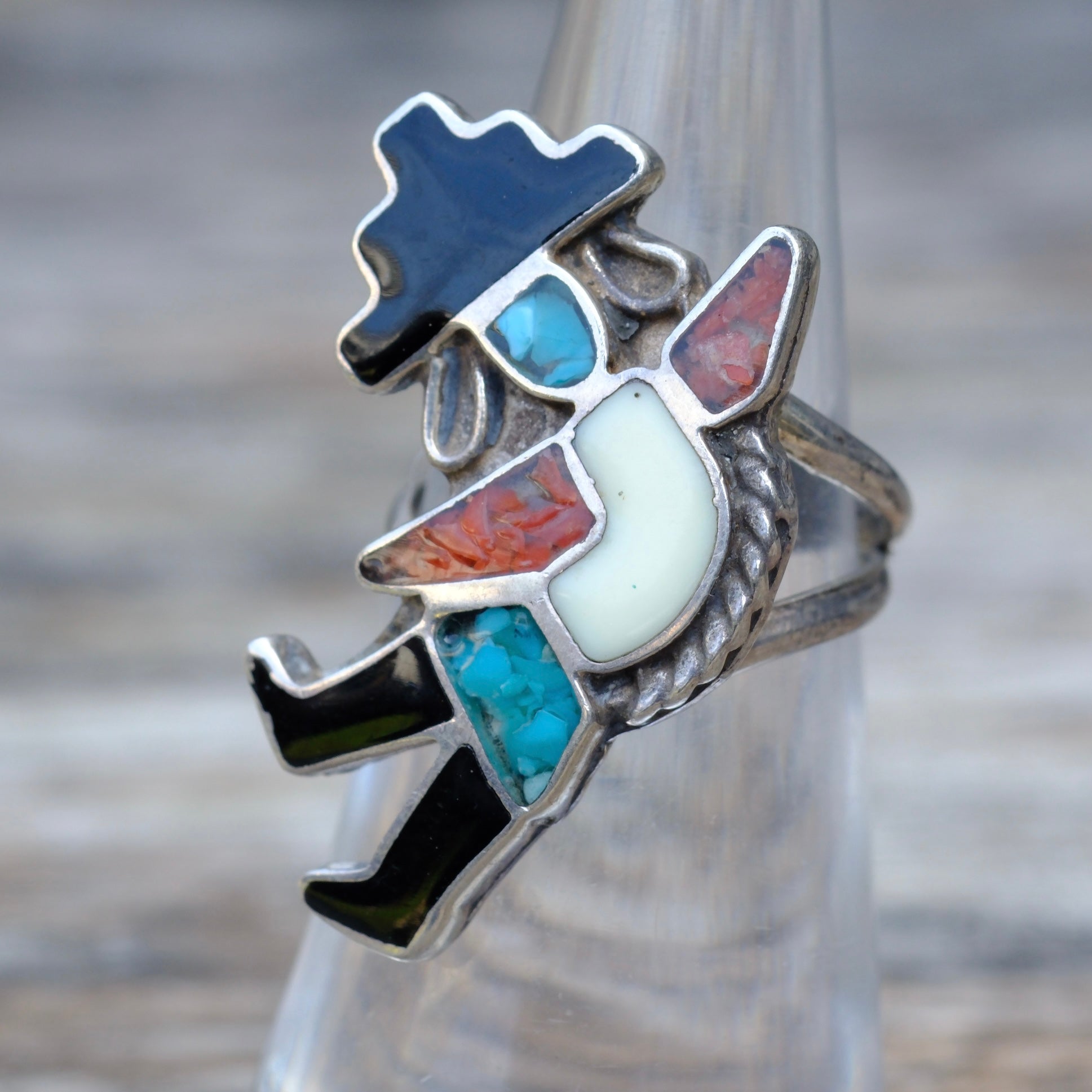 Vintage Sterling Multi Stone Inlay Dancer Ring 5.5