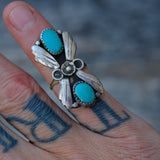Vintage Sterling 2-Stone Turquoise Feather Ring 4.5
