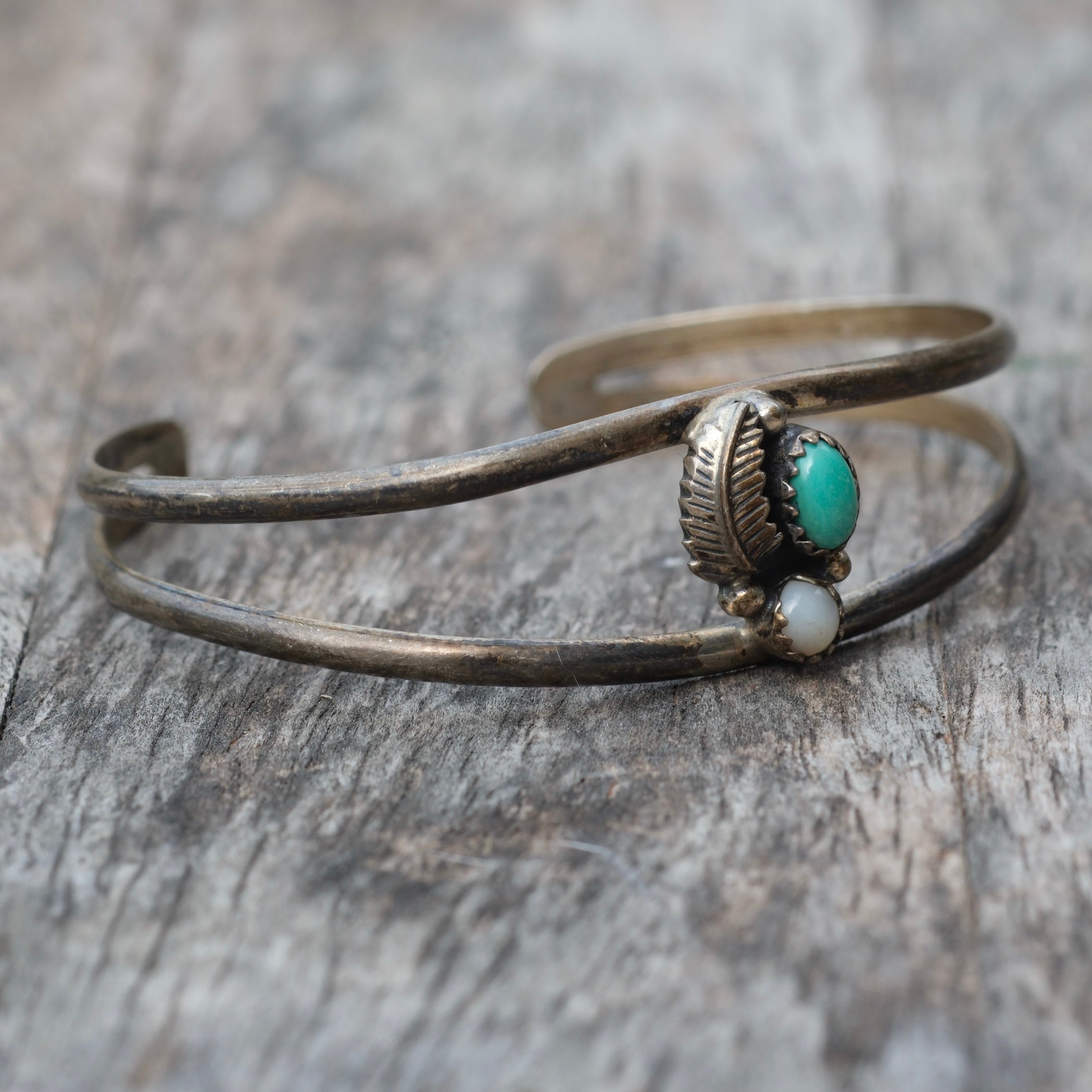 Vintage Sterling Turquoise and Mother Of Pearl Feather Cuff Bracelet