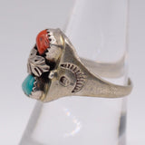 Vintage Sterling Turquoise and Coral Feather Ring 8.25